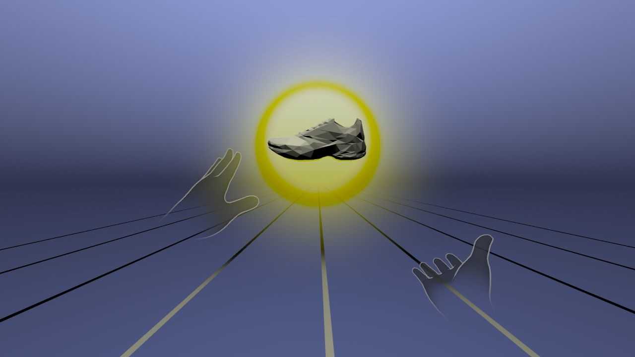 Screengrab from VR experience showing virtual hands reaching out for a glowing running shoe